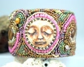 Bead embroidered cuff bracelet, bead weaving, gift giving, polymer clay cabochon focal bead, OOAK, handmade