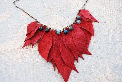Leather Leaf Necklace - Maximum Raspberry Leaves with Blue Agate - Modern Pocahontas Collection