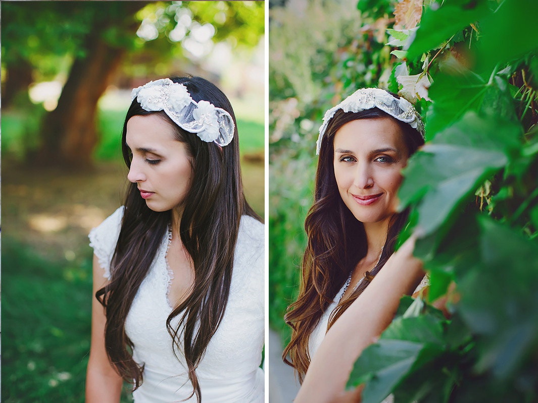 Wedding Hair Piece, Silk Tulle and Rhinestones, Veil Alternative Bridal Head Piece, Hand Beaded