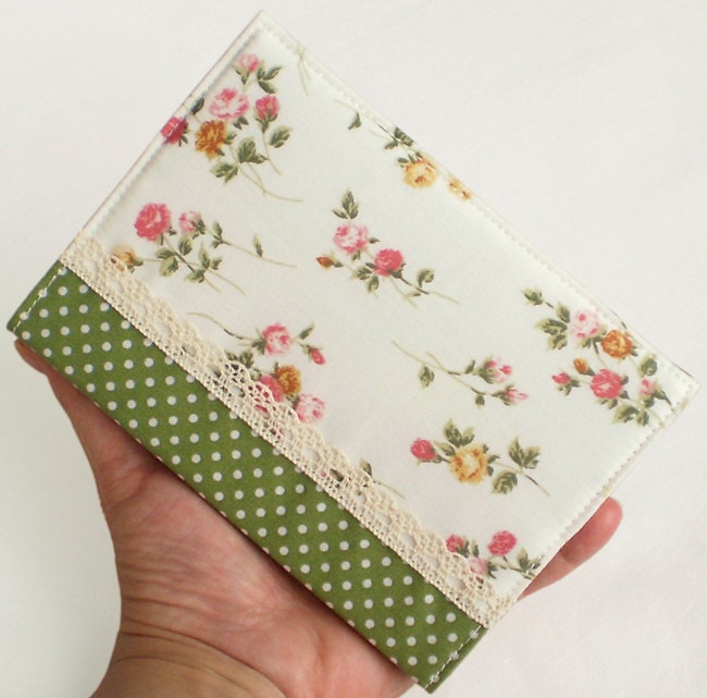 Fabric Journal - Rose Garden with Green Polka Dots - Handmade Fabric Cover A6 Notebook, Diary - Pink Flowers on White With Lace - PatchworkMill