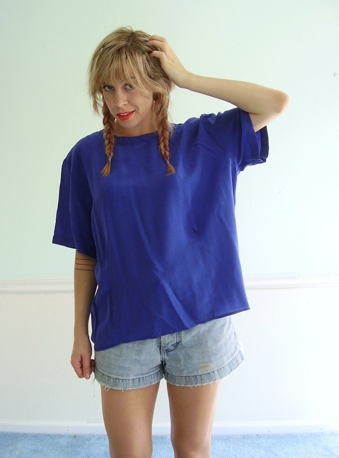 Bright Blue Purple Silk SS Blouse Top - Vintage 80s - LARGE L