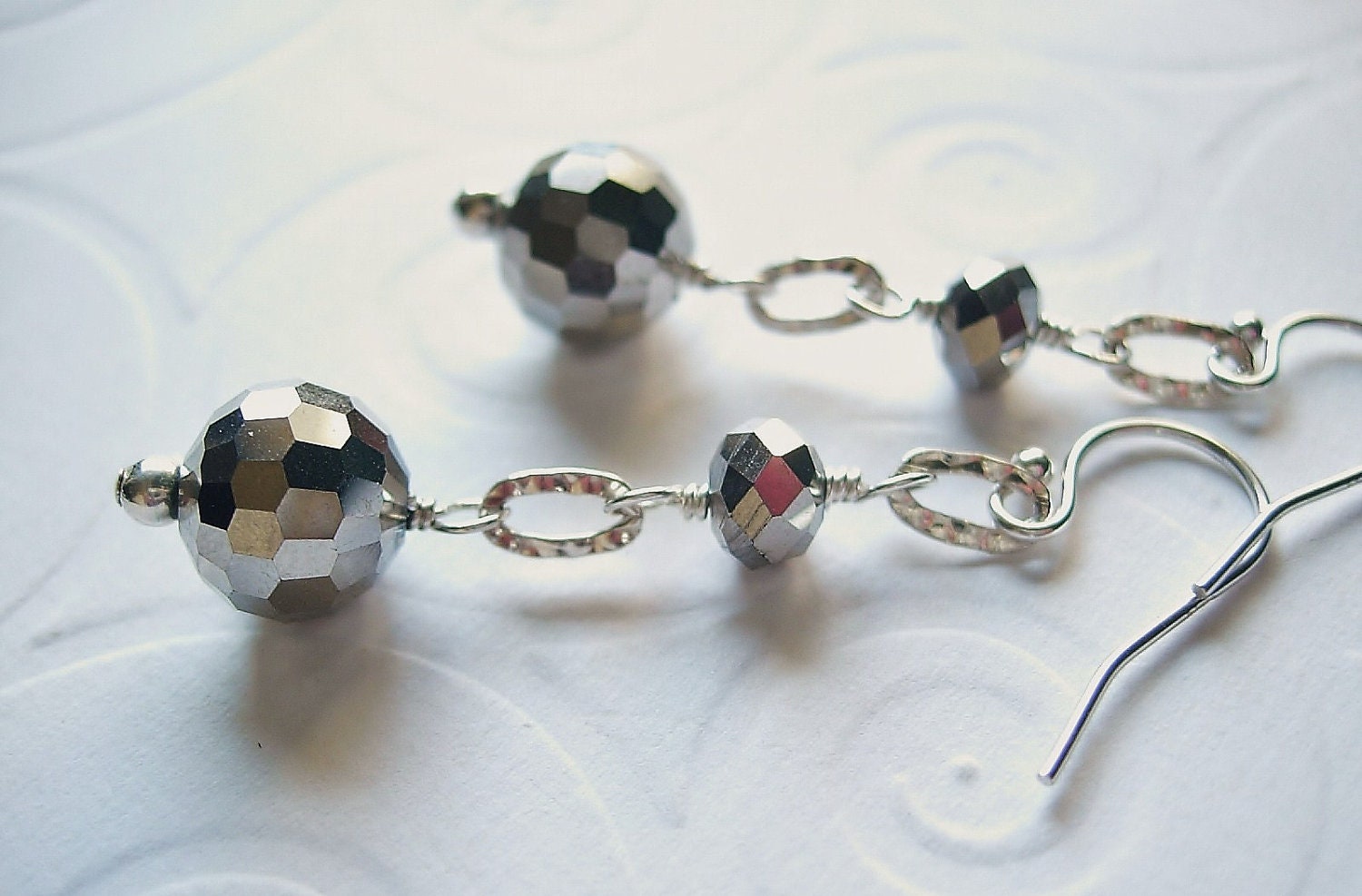 Silver Glass Faceted Bead Earrings, Sterling Silver Hammered Link, Wire Wrapped Earrings, Long, Sparkly, Gray Metallic, Slate, Grey, Pyrite