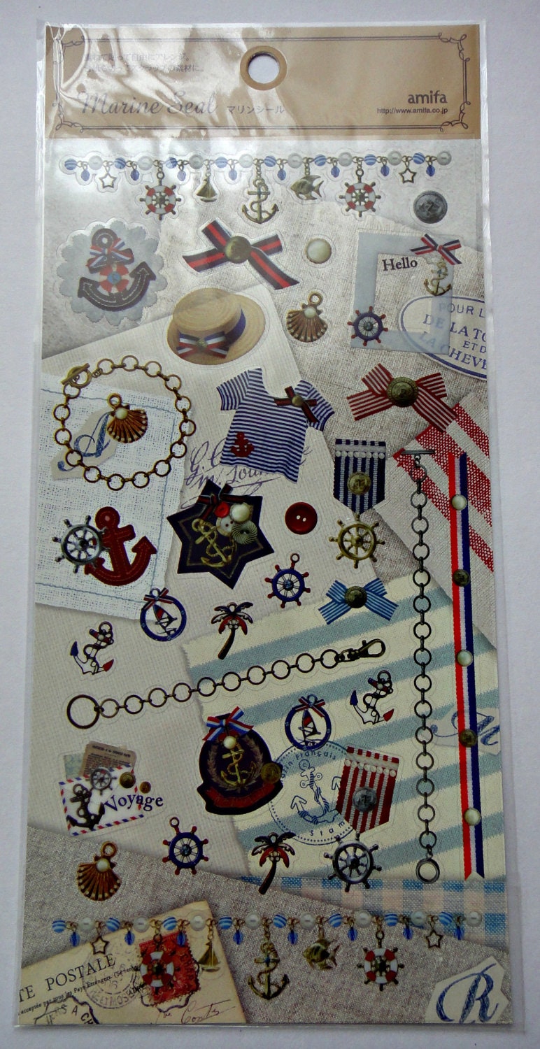 Cute Marine Themed Plastic Stickers From Japan - Anchor, Bow, Shell, Pearl, Charm Bracelet, Hat, Photo Frame, T-Shirt, Badge, Button, Ship