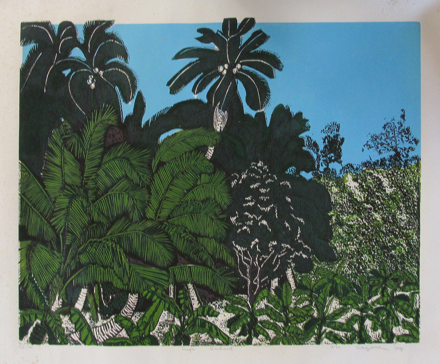 Tropic Orchard, limited edition, hand printed, signed in pencil by artist, color lino block print