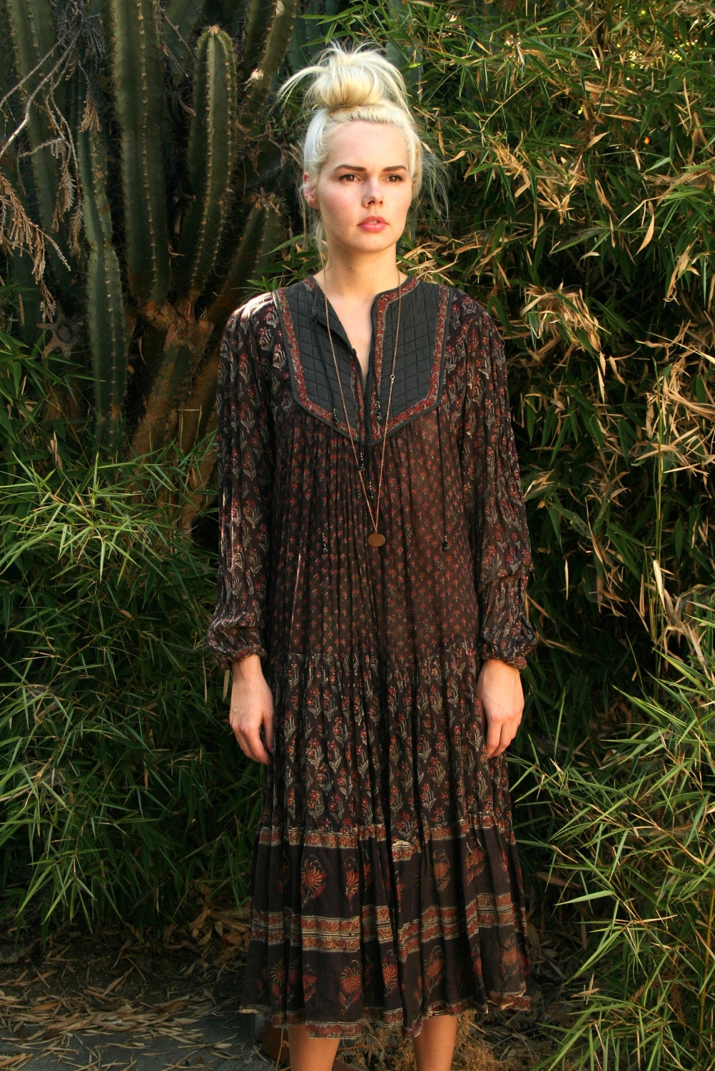 Vintage 70s Indian Gauze Dress with Quilted Detail