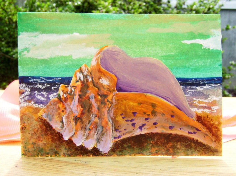ACEO Watercolor Painting Original Conch Seashell Beach Ocean Seafoam