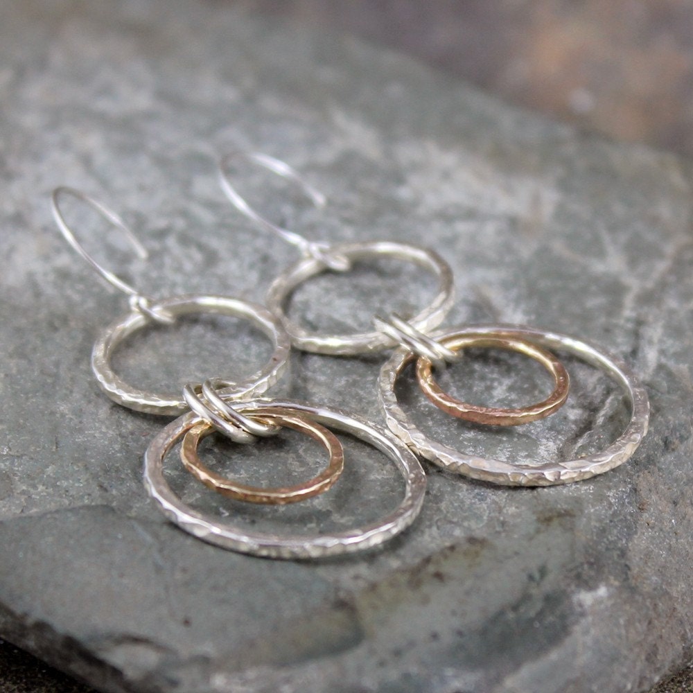 14K Yellow Gold and Sterling Silver Drop Earrings - Rustic Circle Earring - Pierced Earrings - Mixed Metal Earring - Stud Earrings