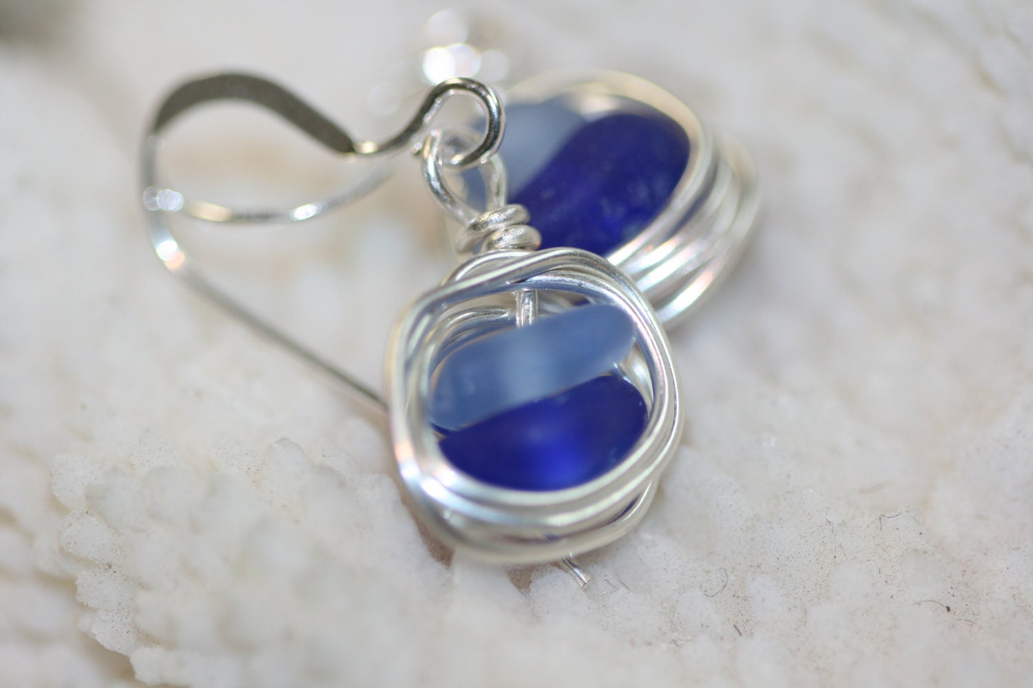 Cobalt and cornflower blue beach sea glass 925 sterling silver wire wrapped dangling earrings