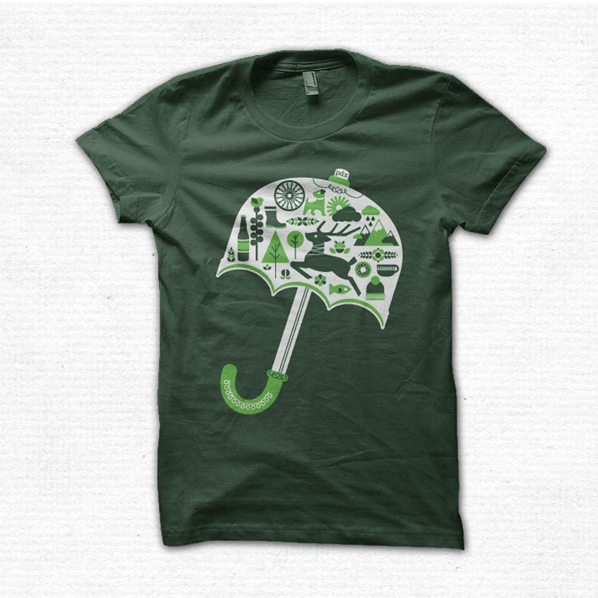 Portland Umbrella Illustration Screenprinted Tee Forest Green
