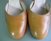 Vintage Tan Leather Round Toe Slingback Heels Shoes  6 1/2
