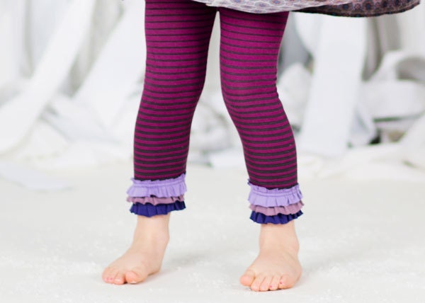Magenta striped leggings with purple ruffles in varying shades, comfy knit leggings for girls, hand ruffled at ankle, sizes 12mos - 9/10