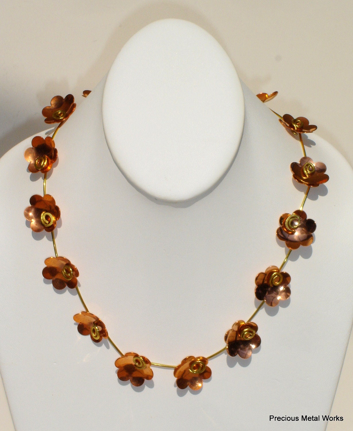Callie, handmade, copper and brass floral motif necklace