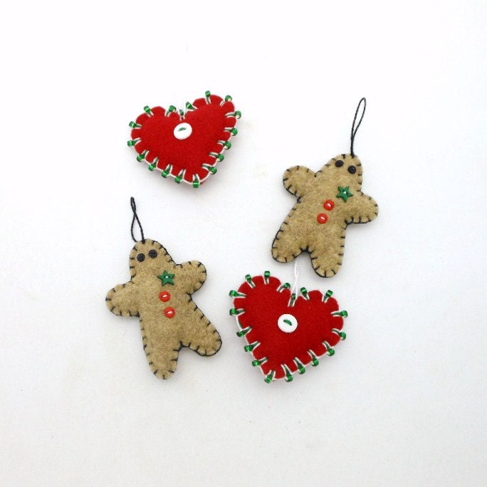 Hand Sewn Penny Rug Style Christmas Ornaments- Gingerbread Men & Hearts - Set of 4