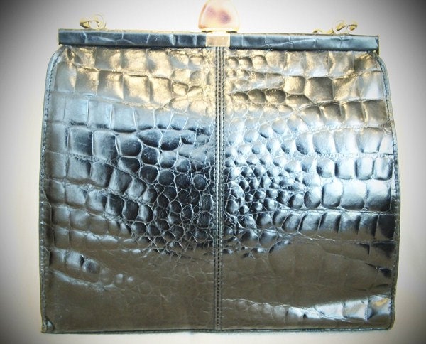 Vintage, Black, Genuine, Crocodile, Shoulder, Bag, Gold, Metal, Stone, Clasp, Gold, Hinges,