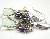 Green Amethyst Cluster Earrings Wire Wrapped Prasiolite Peacock Pearls Sterling Silver Cluster Earrings - Brenda