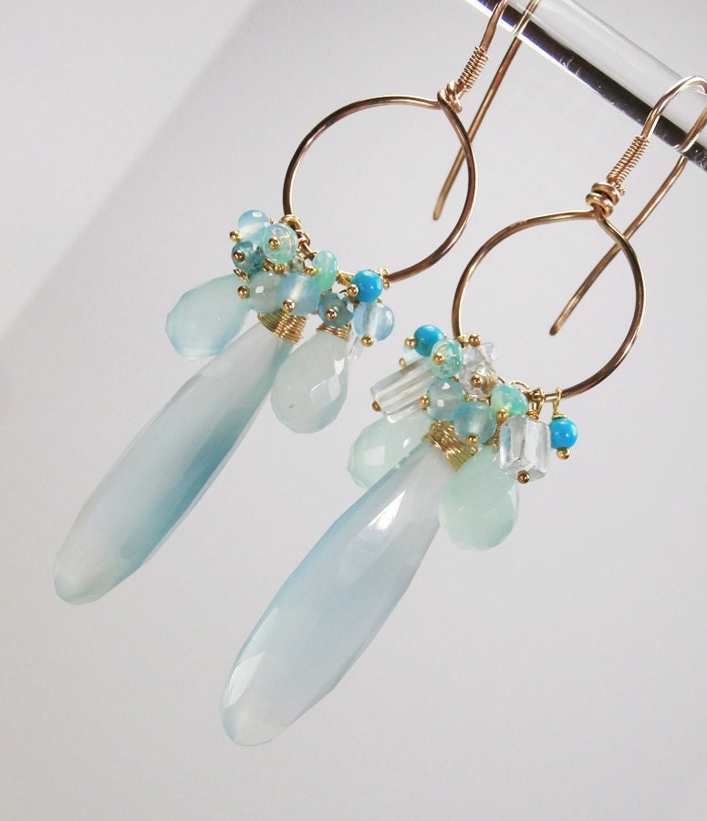 SALE 30% -Aqua Chalcedony Gold Hoop Earrings Ethiopian Opal Wire Wrap Gems