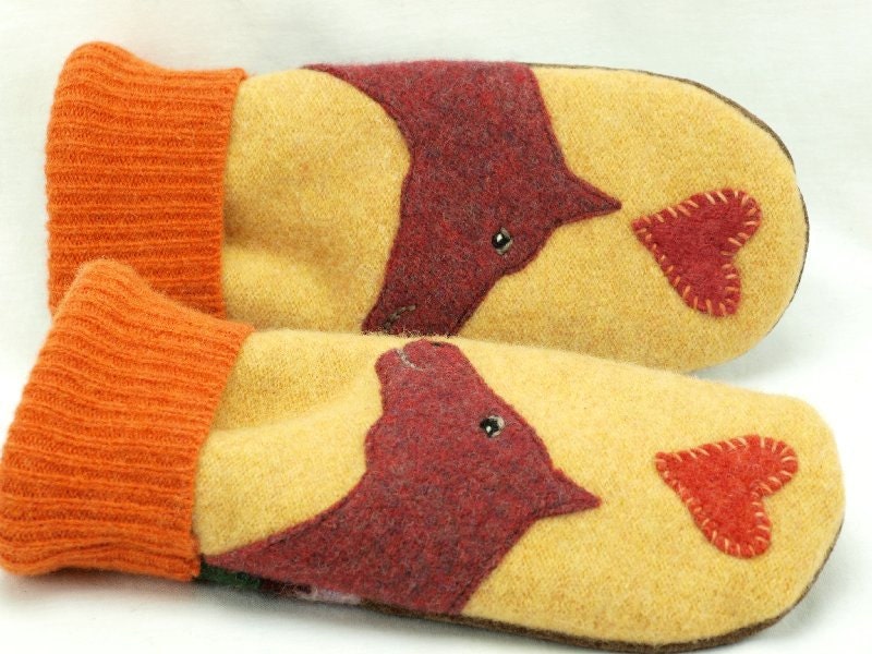 Eco Friendly Mittens Wool Sweater Horse Mittens Felted Wool Yellow Orange Applique Fleece Lining Suede Palm Eco Friendly Upcycled Size S/M