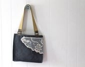 Waxed Canvas Tote Bag with Vintage Lace - Steel Grey