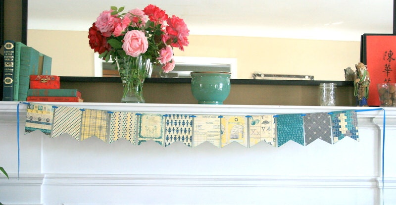 Pennant Banner - Back to School - Teal, Yellow, Navy Blue, Cream - Shabby Chic  Party Event Home Decor Wedding Decoration Photo Prop Bunting