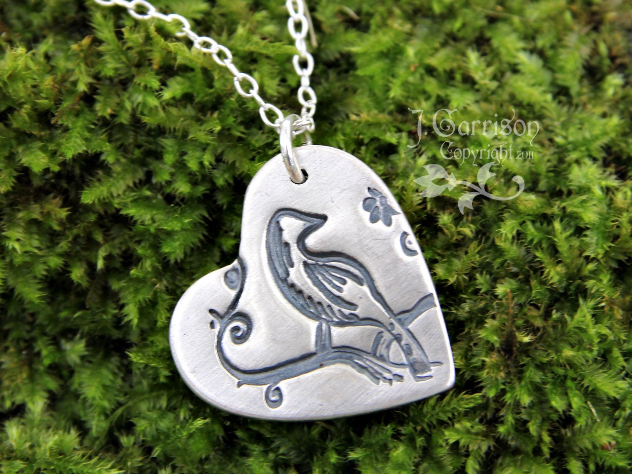 Love bird necklace - handmade fine silver forest bird charm on a sterling silver chain - rustic woodland style