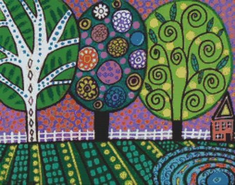 Modern Cross Stitch Kit 'Red Barn and Trees' By Heather Galler - cross stitch art