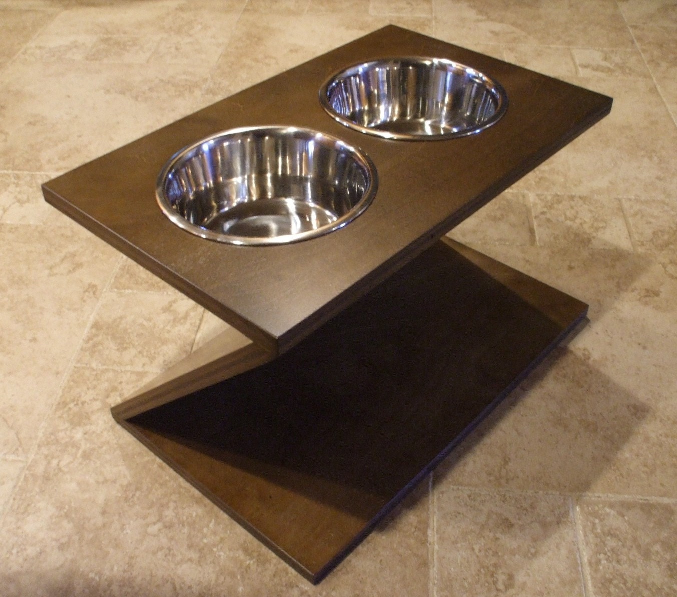 2 Quart 12 Inch Double - Ergonomically Designed Pet Feeder - Stained Dark Walnut