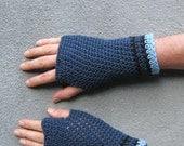 men's fingerless gloves/ denim blue cotton crochet