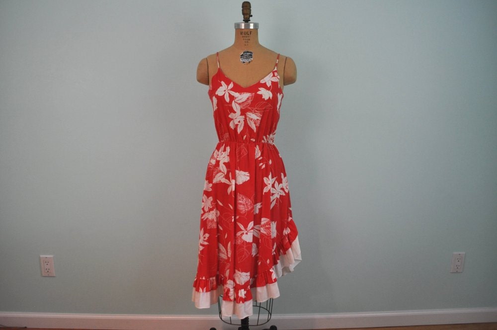 vintage sun dress 1970's red tropical S