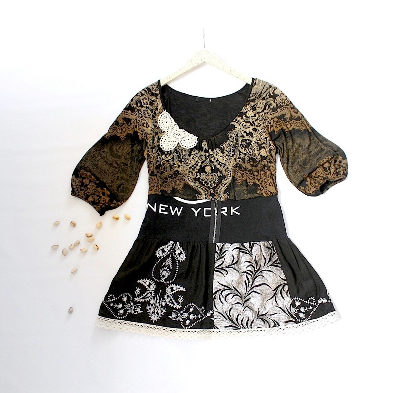 Bohemian Black Top Tan Upcycled Shirt Hippie Clothing Cream Lace Eco Friendly Clothes Women's Wear Large 'JUNO'