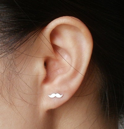 mustache earring studs in sterling silver, handmade in the UK