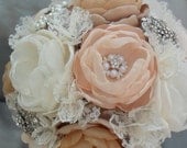 Large vintage fabric bouquet - coral shades, ivory, tan and champagne loaded with crystals and brooches