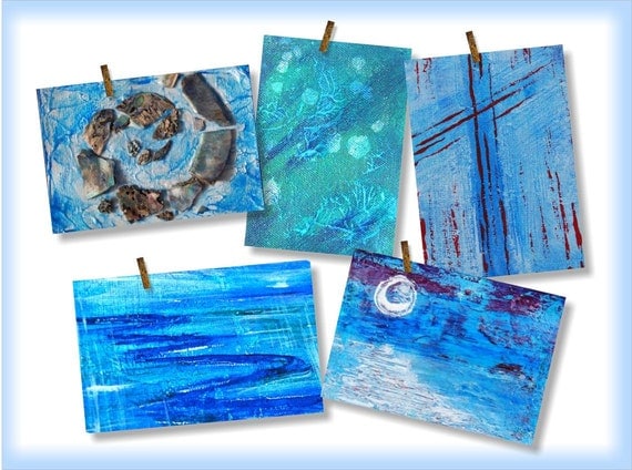 Original ACEOs Set of 5 in blue - paua shell miniature art cards 2.5 x 3.5