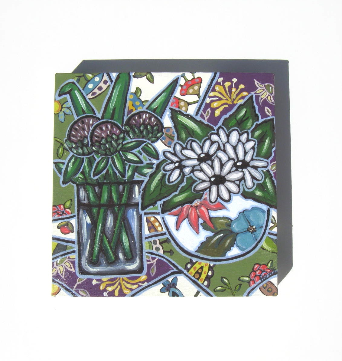 Daisies Acrylic Still Life Painting Original on a green and purple background