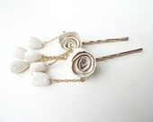 Hairpins - Two hair pins with a porcelain rose and three bells.