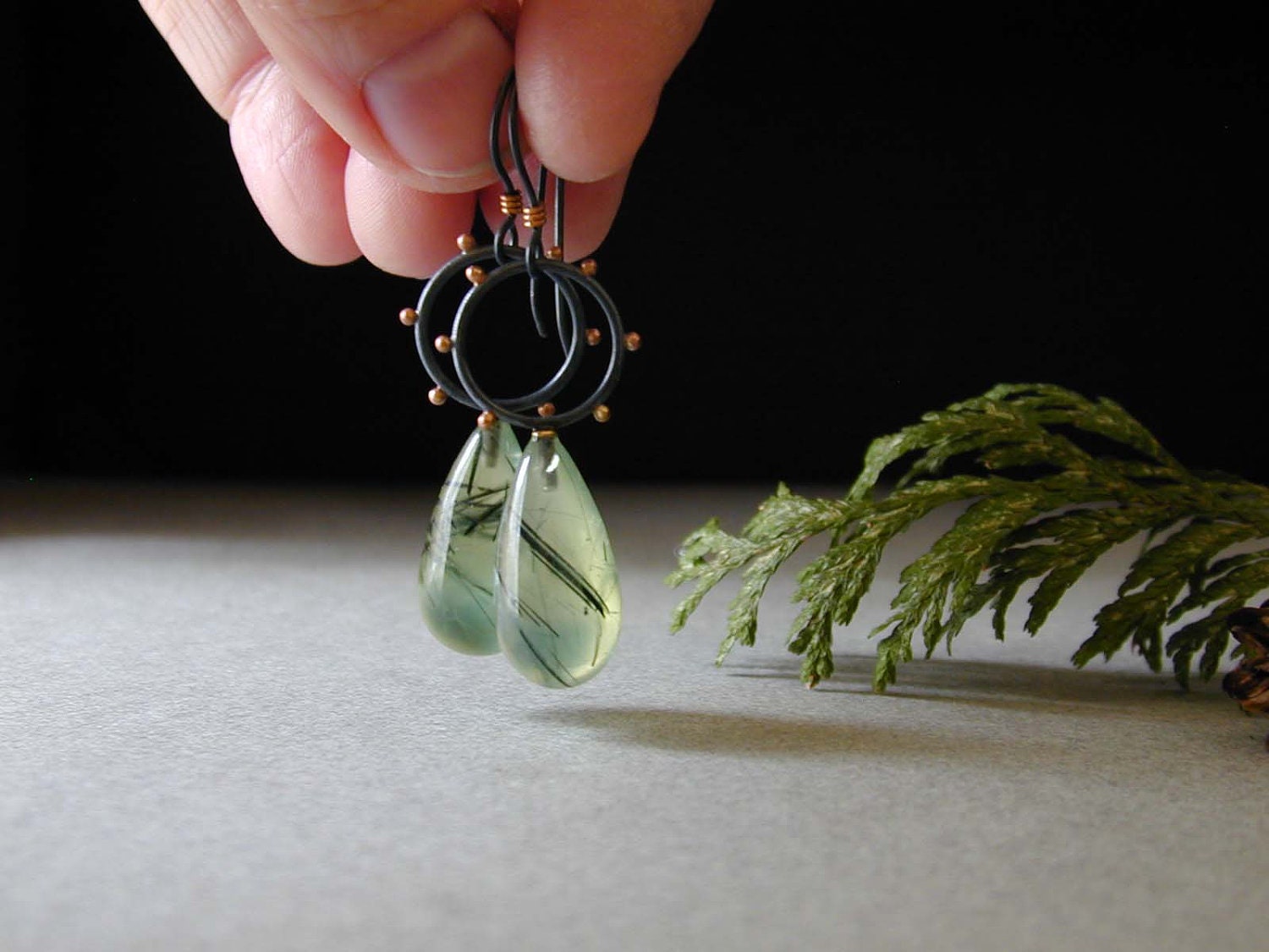 Prehnite, Green Stone Earrings, Oxidized Silver, Drop Earrings, Tourmalated, 14kt Gold