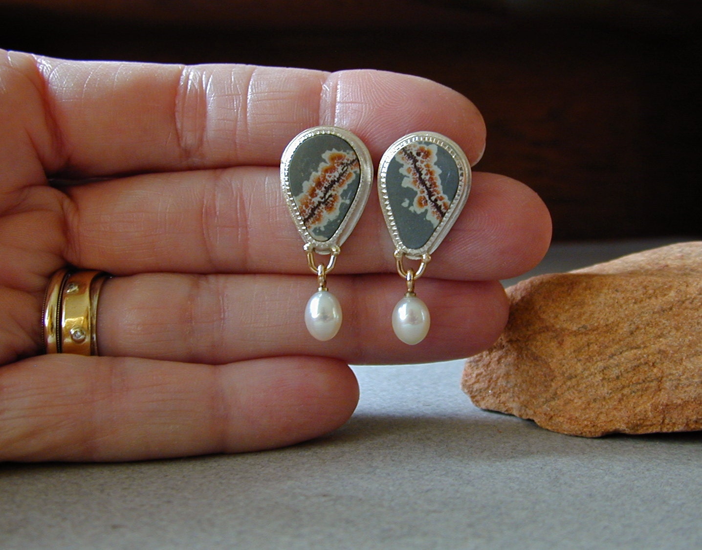 Fall Jewelry, Sterling Silver Earrings, Sonoran Dendritic Ryolite, Pearl Drops, 14kt Gold Posts, Handmade Earrings