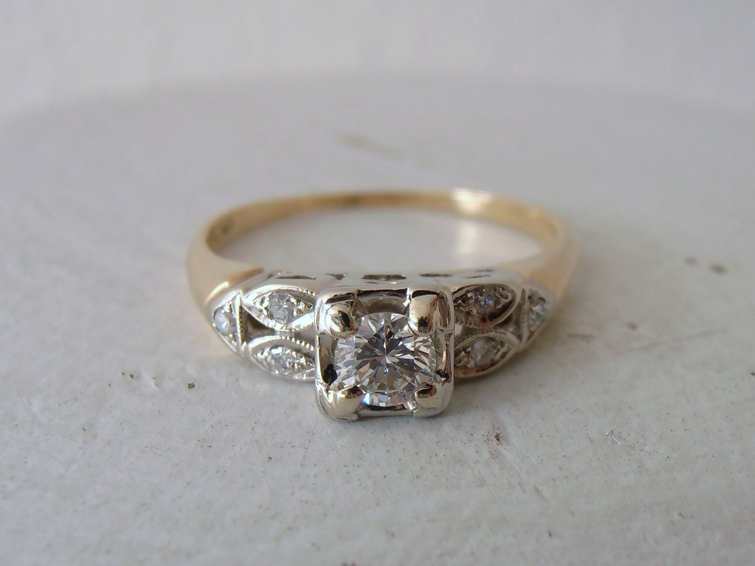 Vintage 14k 1940s Square Top Diamond Engagement Ring