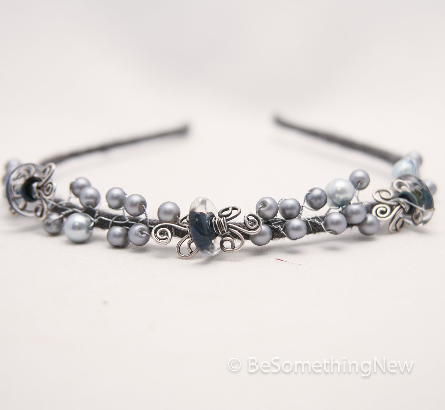 Navy and gray wired bead headband, headbands for women and teens