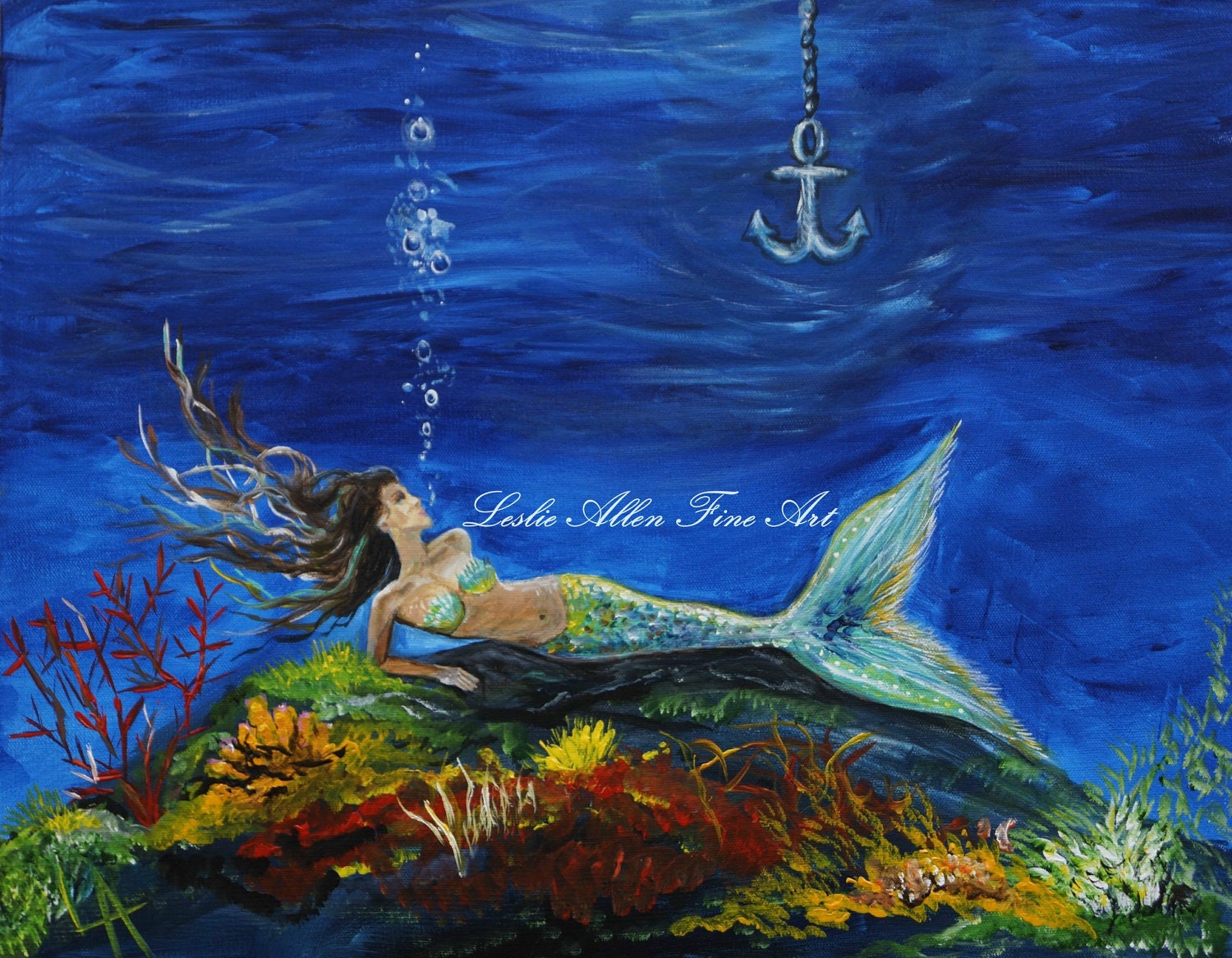 Mermaid Painting Mermaids Girl Woman Ocean Seascape Fantasy Art Children Room Decor "A Pirates True Love Awaits" Leslie Allen Fine Art