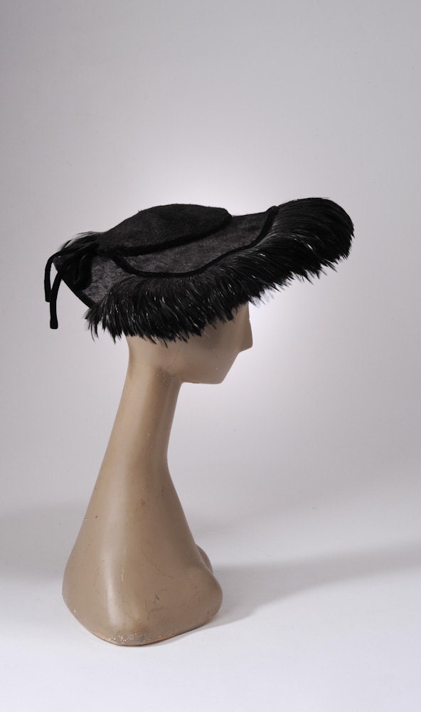 1950's Black Wide Brim Feather Hat - Brushed Fur Felt - New Look