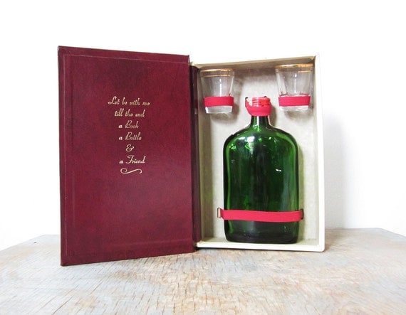 vintage travel bar / hollow book safe with flask and shot glasses