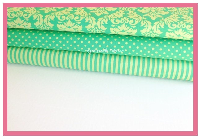 Michael Miller Fabric Trio Sprout Dandy Damask, Dumb Dot and Clown Stripe 3 yards