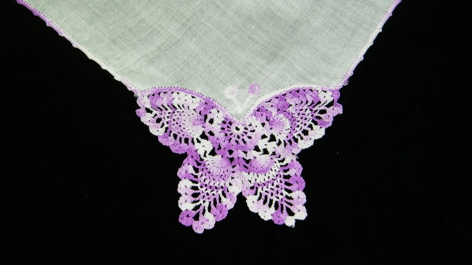 Lovely Vintage 11" Handcrocheted Purple Butterfly Trim Edge Handkerchief, 7930