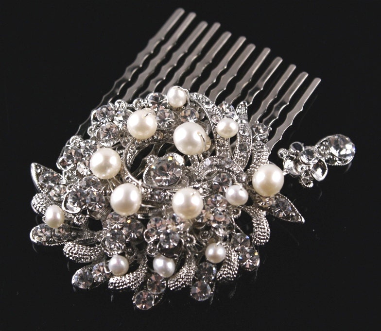 Bridal Haircomb, Wedding Head Piece, Rhinestone Haircomb, Wedding Hair Accessory, Crystal & Freshwater Pearl Brooch Style Comb