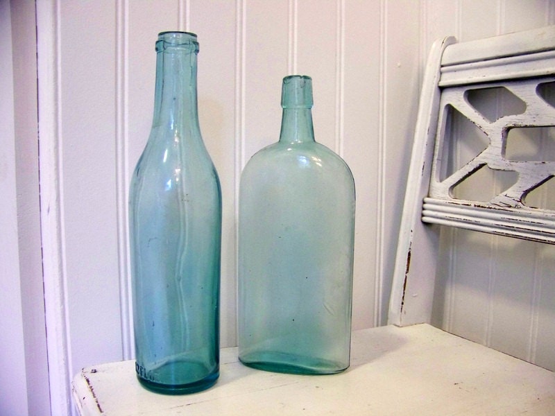 vintage aqua bottles - set of 2- instant collection - aquamarine - ocean - glass