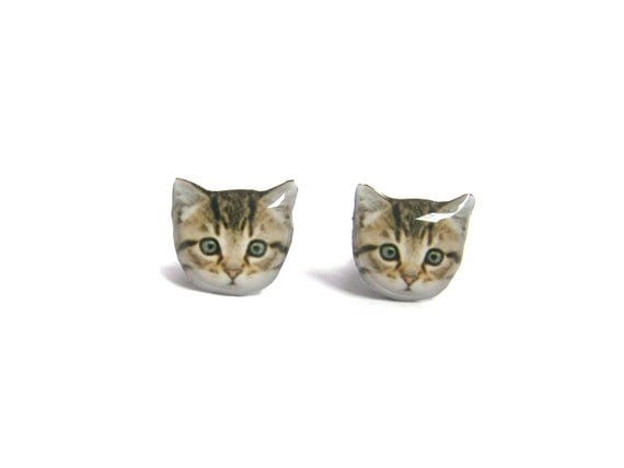 Cute Home Little Kitten Cat Stud Earrings - A14E84 Made To Order