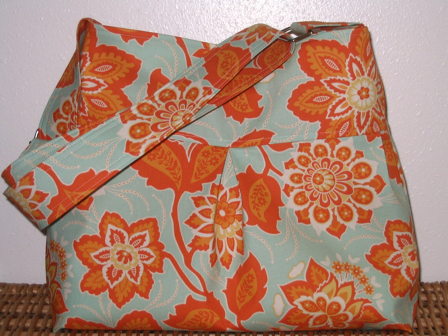 Pleated Hobo Messenger Diaper Bag in Joel Dewberry's Ornate Floral in Amber, Robin's Egg Blue, Orange- Larger Size