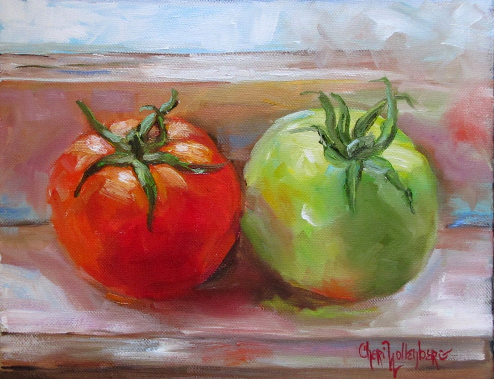 Red Tomato Green Tomato Small Canvas Painting Impressionistic Original Oil Painting by Cheri Wollenberg
