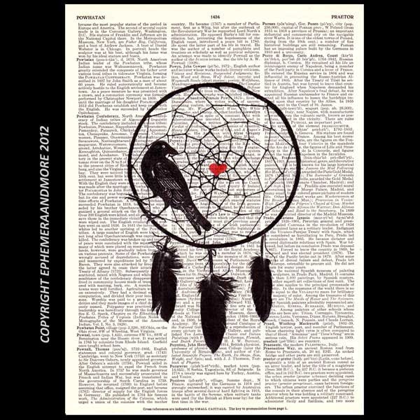 DREAMCATCHER art print mixed media collage on vintage book page red heart love raven crow dictionary art print book page art print  8x10
