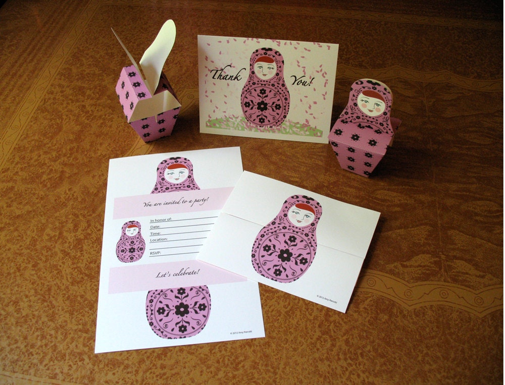 Purple Matryoshka Invitation, Favor Box, And Thank You Card PDF